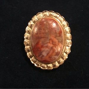 Gold-Tone Limoges-Style Brooch/Dress Clip w/ Painted Romantic Scene—Vintage